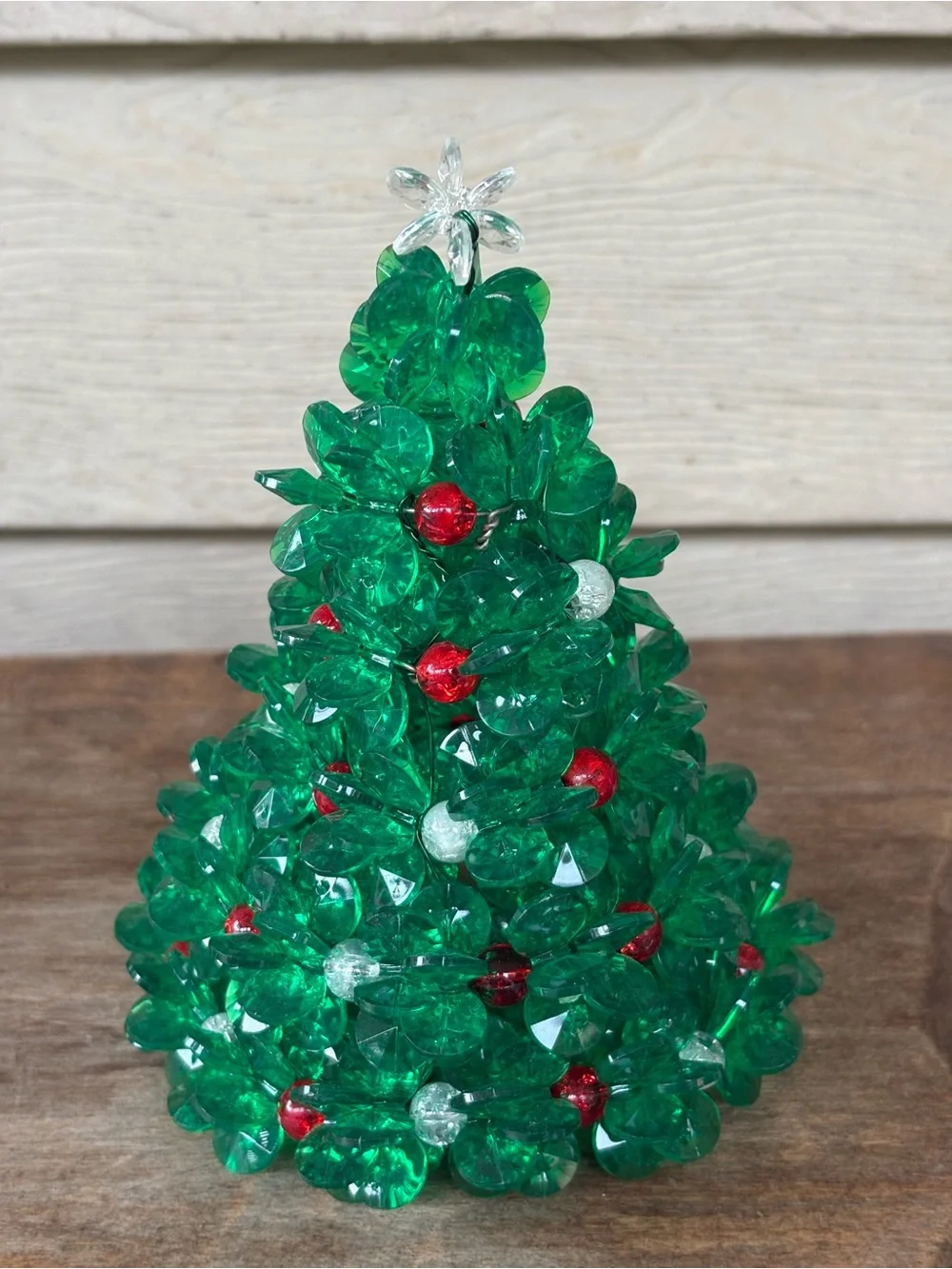 VTG handcrafted beaded Christmas tree decor, from the 1980s or 1990s.